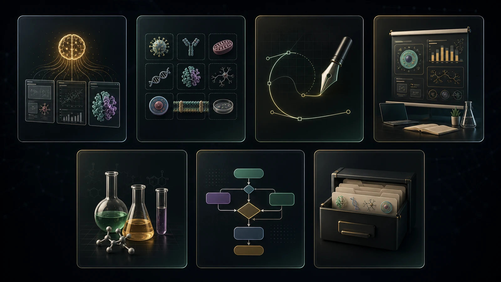 深色畫布上的七類科學插圖工具卡片